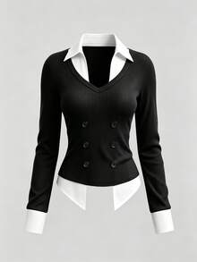 SHEIN EZwear 秋冬學院風刷毛羅紋黑白拼接 2 合 1 上衣，黑色雙排扣收腰女式襯衫 - 黑與白 - 查看 4