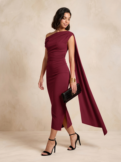 QUIZ Gaun Midaxi Burgundy Tanpa Bahu dengan Detail Syal Berlipat dan Bahu Berlipit, Gaun Elegan untuk Wanita, Gaun Tamu Pernikahan, Gaun Pesta Formal, Gaun Ulang Tahun, Gaun Upacara, Gaun Musim Gugur, Pakaian Musim Dingin