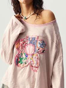 Bohemela Plus Size Women's Floral Applique Drop Shoulder Long Sleeve Loose Casual Sweatshirt - Pink - View 5