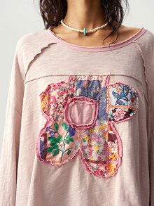 Bohemela Plus Size Women's Floral Applique Drop Shoulder Long Sleeve Loose Casual Sweatshirt - Pink - View 9