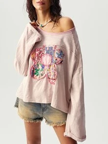 Bohemela Plus Size Women's Floral Applique Drop Shoulder Long Sleeve Loose Casual Sweatshirt - Pink - View 3