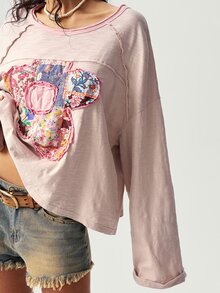 Bohemela Plus Size Women's Floral Applique Drop Shoulder Long Sleeve Loose Casual Sweatshirt - Pink - View 2