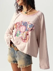 Bohemela Plus Size Women's Floral Applique Drop Shoulder Long Sleeve Loose Casual Sweatshirt - Pink - View 10