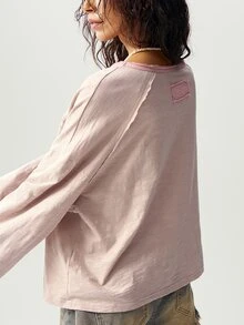 Bohemela Plus Size Women's Floral Applique Drop Shoulder Long Sleeve Loose Casual Sweatshirt - Pink - View 4