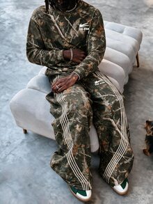 PAVTROS 青少年男孩迷彩運動衫與長褲套裝，樹葉印花長袖套頭上衣，條紋寬腿長褲，秋冬穿搭 - 軍綠色 - 查看 2