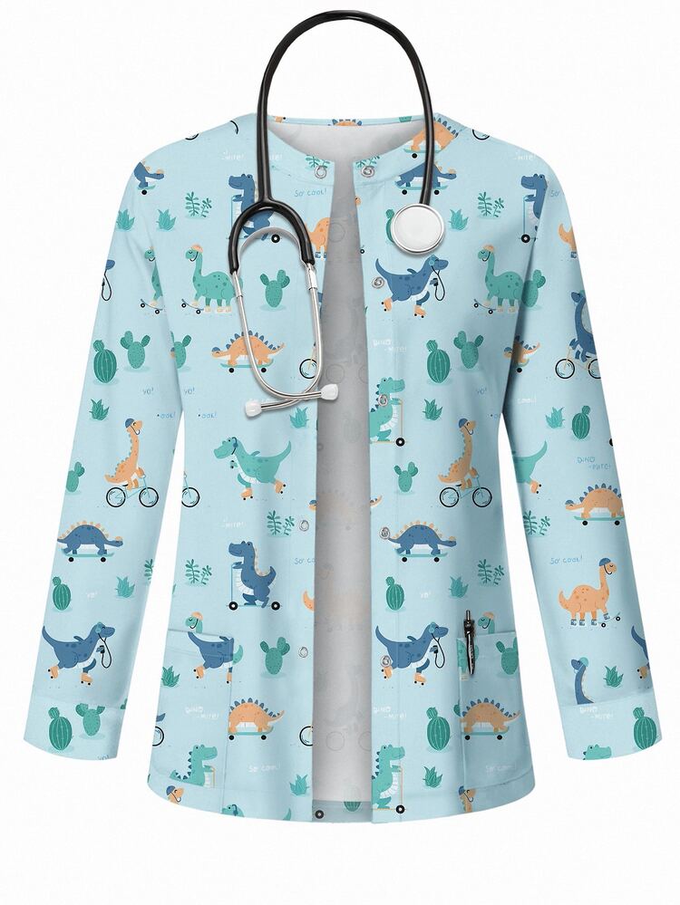 PopScrub Cute Cartoon Blue Dinosaur Print Women's /Nursing Scrub Uniform Jacket - Multicolor - View 1