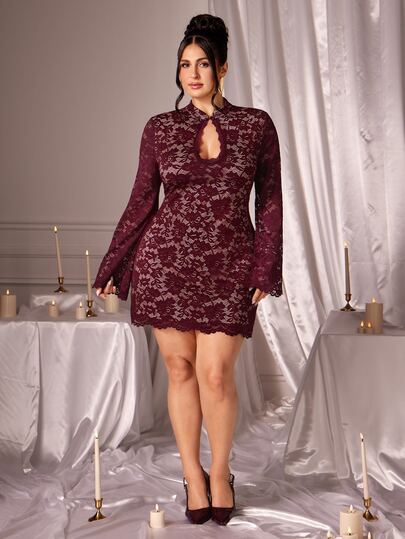 SHEIN BAE CURVE Plus Size Women's Lace Hollow Out Sexy Date Party Dress,Elegant Attire, Luxury, Going Out, Weddings, Halloween, Cocktail Wear, Autumn/Winter,Red Dress