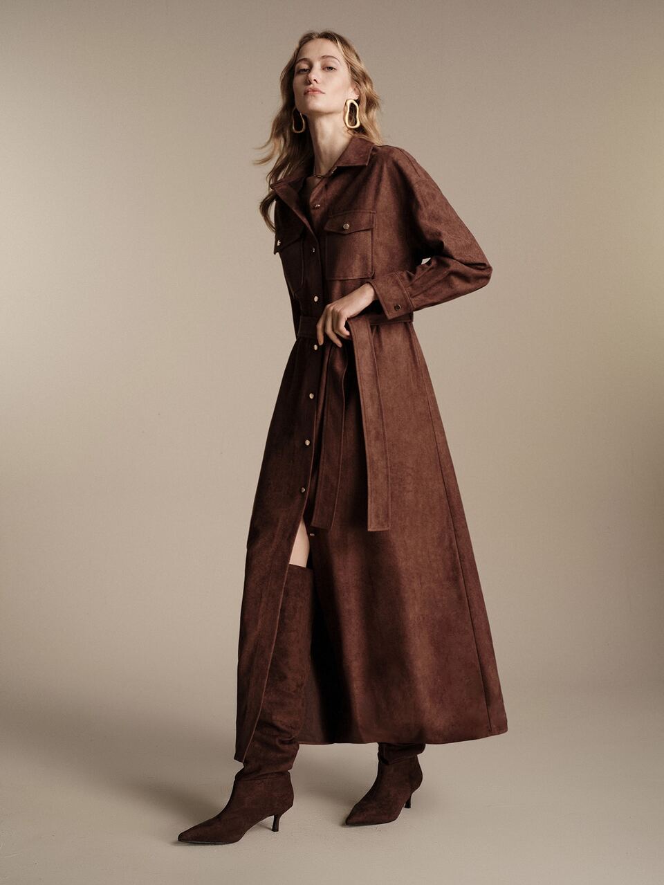 Anewsta Casual Women Long Suedette Trench Coat With Collar And Belted Pockets Regular Sleeve Brown