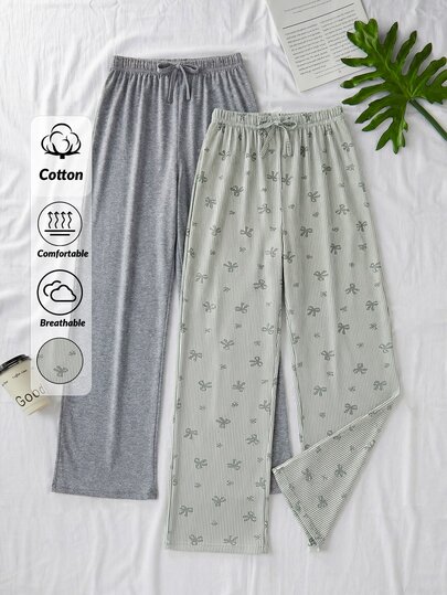 SHEIN Cottnline Women's Small Size 2pcs/Pack Pure Cotton Faux Drawstring Gray Light Grey Solid High Waist Pajama Pants Lounge Pants Summer Casual Cute