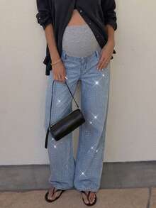 SHEIN Maternity Rhinestone Embellished Straight Leg Loose Casual Denim Jeans Cowgirl Outfit For Women New Year Country - Blue - View 2