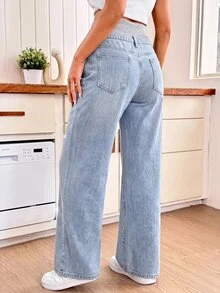 SHEIN Maternity Rhinestone Embellished Straight Leg Loose Casual Denim Jeans Cowgirl Outfit For Women New Year Country - Blue - View 3