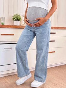 SHEIN Maternity Rhinestone Embellished Straight Leg Loose Casual Denim Jeans Cowgirl Outfit For Women New Year Country - Blue - View 6