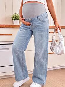 SHEIN Maternity Rhinestone Embellished Straight Leg Loose Casual Denim Jeans Cowgirl Outfit For Women New Year Country - Blue - View 4