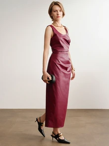 Briarwyn Autumn/Winter Solid Color PU Long Dress, Burgundy Red - Burgundy - View 6