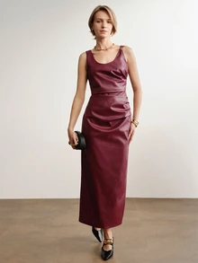 Briarwyn Autumn/Winter Solid Color PU Long Dress, Burgundy Red - Burgundy - View 4