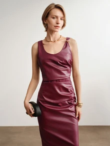 Briarwyn Autumn/Winter Solid Color PU Long Dress, Burgundy Red - Burgundy - View 5