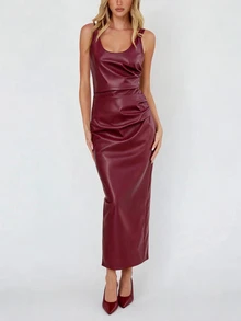 Briarwyn Autumn/Winter Solid Color PU Long Dress, Burgundy Red - Burgundy - View 1