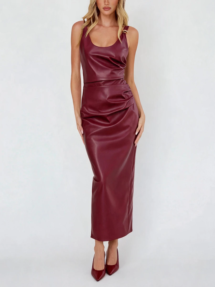 Briarwyn Autumn/Winter Solid Color PU Long Dress, Burgundy Red - Burgundy - View 1