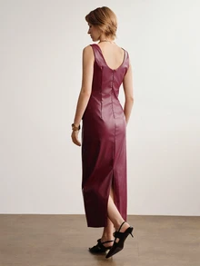 Briarwyn Autumn/Winter Solid Color PU Long Dress, Burgundy Red - Burgundy - View 7