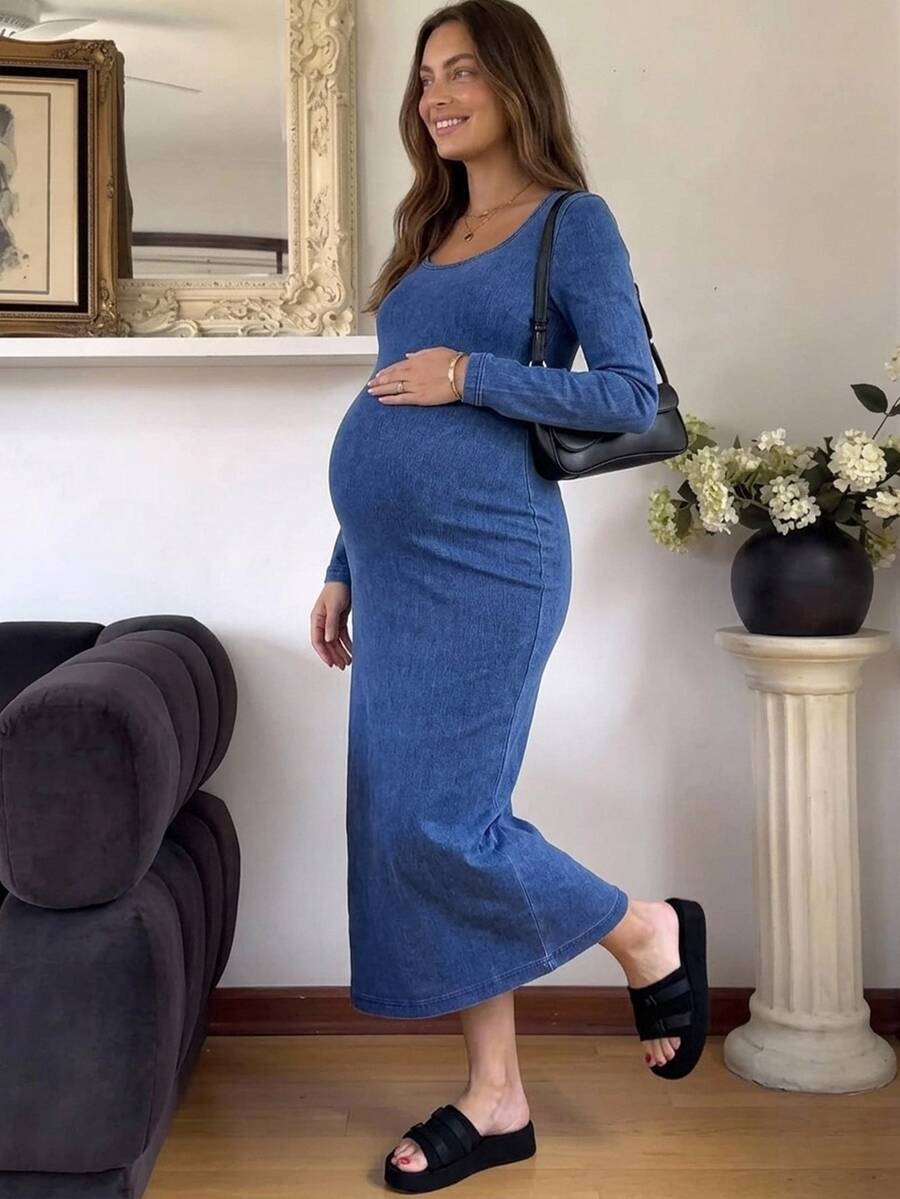 SHEIN 孕婦圓領休閒寬鬆經典優雅日常穿搭 嬰兒洗禮正式牛仔洋裝 女款 牛仔女郎淺藍色 - 藍色 - 查看 1