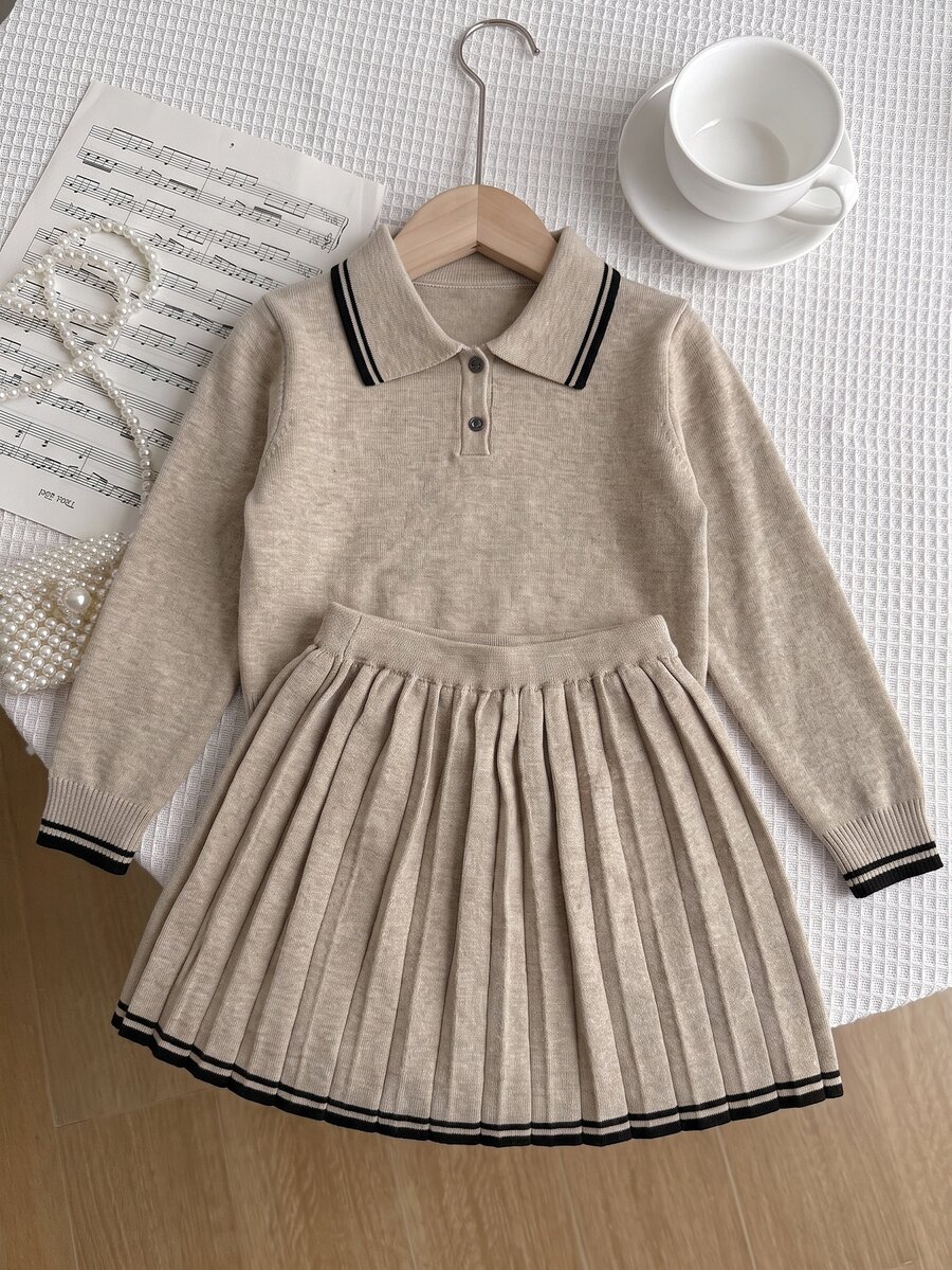 SHEIN Explorewe Girls' Fashion Academy Style Navy Collar Handmade Bow Knitted Sweater Long Sleeve Skirt Set Pullover - Khaki - View 1