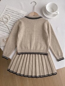 SHEIN Explorewe Girls' Fashion Academy Style Navy Collar Handmade Bow Knitted Sweater Long Sleeve Skirt Set Pullover - Khaki - View 2