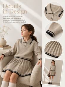 SHEIN Explorewe Girls' Fashion Academy Style Navy Collar Handmade Bow Knitted Sweater Long Sleeve Skirt Set Pullover - Khaki - View 6