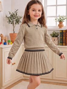 SHEIN Explorewe Girls' Fashion Academy Style Navy Collar Handmade Bow Knitted Sweater Long Sleeve Skirt Set Pullover - Khaki - View 9