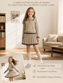 SHEIN Explorewe Girls' Fashion Academy Style Navy Collar Handmade Bow Knitted Sweater Long Sleeve Skirt Set Pullover - Khaki - View 7