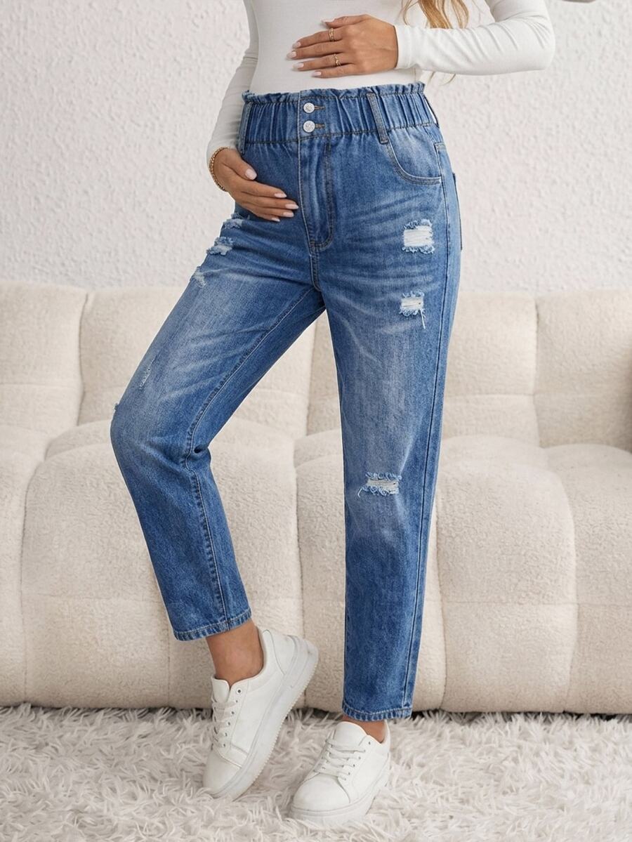 SHEIN Maternity Distressed Pocket Casual Versatile Denim Jeans Cowgirl Outfits For Women Fall/Winter Concert - Blue - View 1