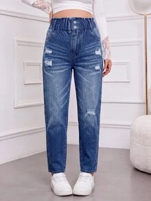 SHEIN Maternity Distressed Pocket Casual Versatile Denim Jeans Cowgirl Outfits For Women Fall/Winter Concert - Blue - View 4