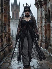 SHEIN CURVE+ Oversized Lace Transparent Front Strap Bow, Halloween, Ruffle Border Sexy Long Lace Up Cardigan Black 26 Autumn - Black - View 1