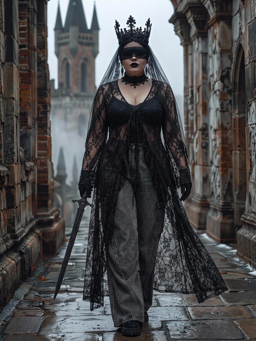 SHEIN CURVE+ Oversized Lace Transparent Front Strap Bow, Halloween, Ruffle Border Sexy Long Lace Up Cardigan Black 26 Autumn - Black - View 1
