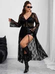 SHEIN CURVE+ Oversized Lace Transparent Front Strap Bow, Halloween, Ruffle Border Sexy Long Lace Up Cardigan Black 26 Autumn - Black - View 3