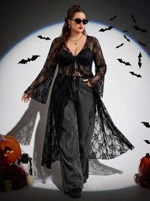 SHEIN CURVE+ Oversized Lace Transparent Front Strap Bow, Halloween, Ruffle Border Sexy Long Lace Up Cardigan Black 26 Autumn - Black - View 5