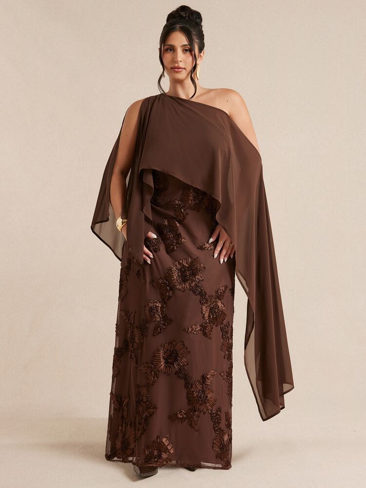 SHEIN BAE CURVE Plus Size Paired With Asymmetrical Shoulder Shawl, Elegant Wedding Party Cocktail Guest Attire, Brown Floral Print Dress, Elegant ,Halloween, Cocktail - Brown - View 4
