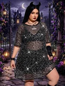 SHEIN CURVE+ 2026 Autumn And Winter Plus Size Dress, Sequin Dress, Suitable For Halloween And Party Seasons - Silver - View 1