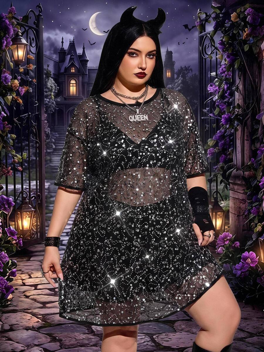 SHEIN CURVE+ 2026 Autumn And Winter Plus Size Dress, Sequin Dress, Suitable For Halloween And Party Seasons - Silver - View 1