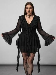 SHEIN CURVE+ Plus Size Retro Sexy Casual Y2K Urban Modern Fashion Individual Elegant Commuter Party Night Ruffled Ribbon Bell Sleeve Black Mesh Dress Autumn Fall - Black - View 6