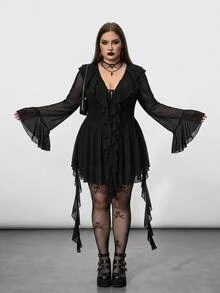 SHEIN CURVE+ Plus Size Retro Sexy Casual Y2K Urban Modern Fashion Individual Elegant Commuter Party Night Ruffled Ribbon Bell Sleeve Black Mesh Dress Autumn Fall - Black - View 2