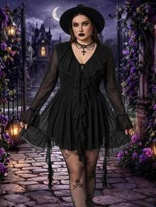 SHEIN CURVE+ Plus Size Retro Sexy Casual Y2K Urban Modern Fashion Individual Elegant Commuter Party Night Ruffled Ribbon Bell Sleeve Black Mesh Dress Autumn Fall - Black - View 1