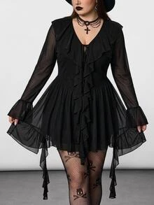 SHEIN CURVE+ Plus Size Retro Sexy Casual Y2K Urban Modern Fashion Individual Elegant Commuter Party Night Ruffled Ribbon Bell Sleeve Black Mesh Dress Autumn Fall - Black - View 5
