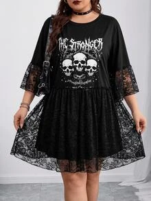 SHEIN CURVE+ Plus Size Retro Sexy Dark Gothic Millennial Style Y2K Individual Street Style Avant-Garde Punk Skull Pattern Lace Patchwork Black Loose T-Shirt Dress - Black - View 4