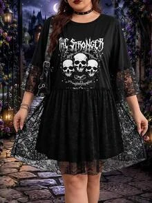 SHEIN CURVE+ Plus Size Retro Sexy Dark Gothic Millennial Style Y2K Individual Street Style Avant-Garde Punk Skull Pattern Lace Patchwork Black Loose T-Shirt Dress - Black - View 5