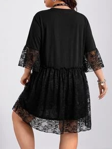 SHEIN CURVE+ Plus Size Retro Sexy Dark Gothic Millennial Style Y2K Individual Street Style Avant-Garde Punk Skull Pattern Lace Patchwork Black Loose T-Shirt Dress - Black - View 1
