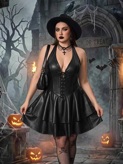 SHEIN CURVE+ Plus Size Women's Black PU Leather Mini Camisole Skirt, Autumn And Winter Gothic Sexy Y2k Lace Up Tight Corset, Halloween And Night Party Costumes