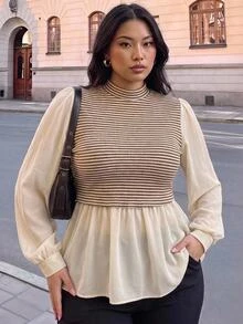 SHEIN CURVE+ Plus Size Women Striped Contrast Color A-Line Loose Long Sleeve T-Shirt For 2026 New Year, For Apple & Rounded Body Shape Fall - Apricot - View 3