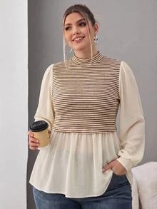 SHEIN CURVE+ Plus Size Women Striped Contrast Color A-Line Loose Long Sleeve T-Shirt For 2026 New Year, For Apple & Rounded Body Shape Fall - Apricot - View 2