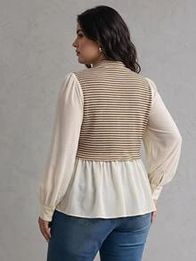 SHEIN CURVE+ Plus Size Women Striped Contrast Color A-Line Loose Long Sleeve T-Shirt For 2026 New Year, For Apple & Rounded Body Shape Fall - Apricot - View 4