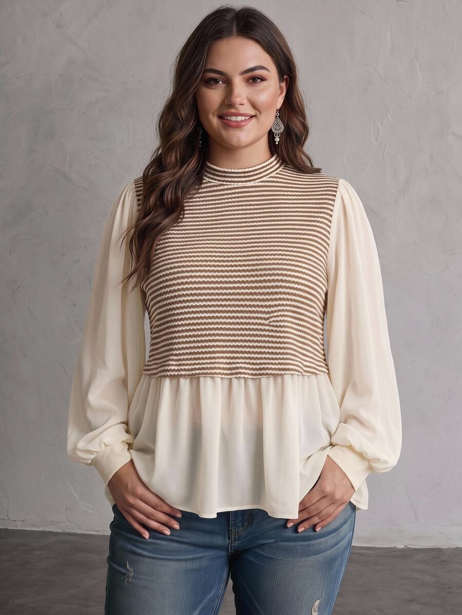 SHEIN CURVE+ Plus Size Women Striped Contrast Color A-Line Loose Long Sleeve T-Shirt For 2026 New Year, For Apple & Rounded Body Shape Fall - Apricot - View 1